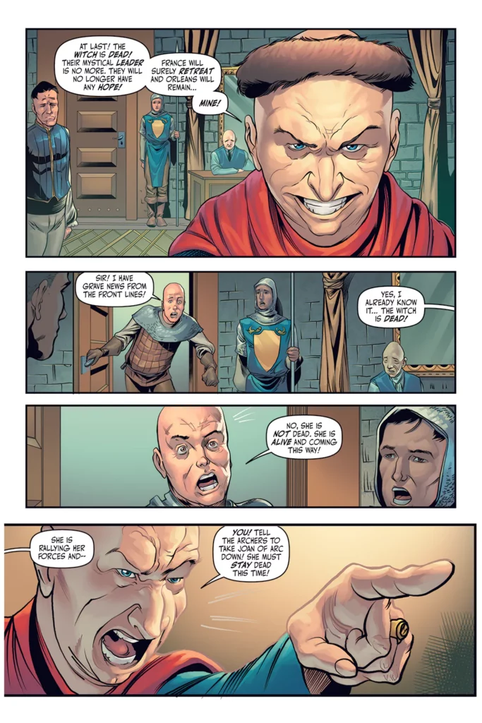 Comic panel showing a commander reacting triumphantly to the (false) news of Joan of Arc's death, believing the French forces will lose hope. His confidence is shattered when informed that Joan is alive and rallying her forces, prompting him to angrily order archers to ensure she 'must stay dead this time.