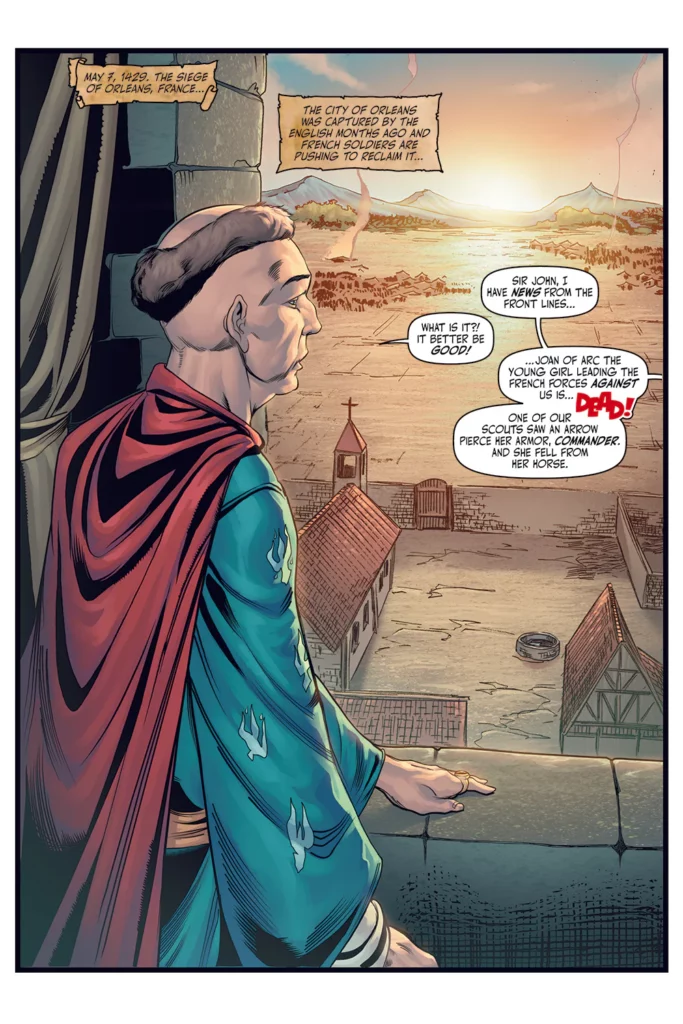 Comic panel depicting a commander overlooking the battlefield during the Siege of Orléans in 1429, receiving grim news from the front lines that Joan of Arc, leading the French forces, was struck by an arrow and presumed dead.