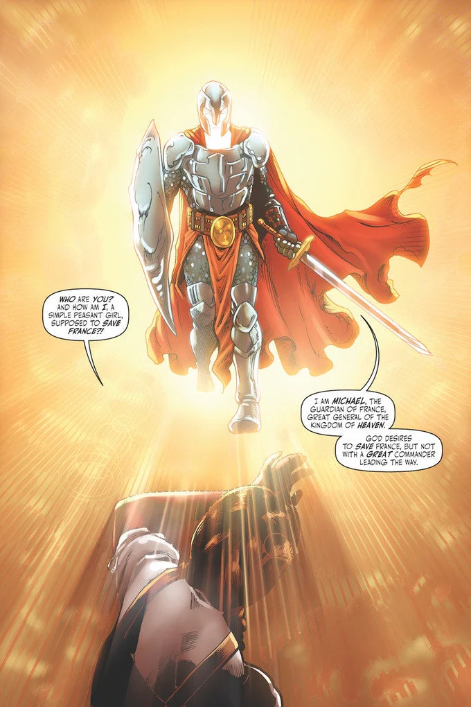 Comic panel showing the archangel Michael appearing in radiant armor before Joan of Arc, declaring himself as the Guardian of France and revealing that God has chosen her, a simple peasant girl, to save France.