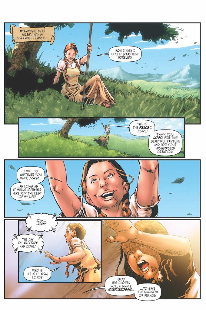 Comic panel showing a young Joan of Arc in a peaceful meadow in Lorraine, France, expressing gratitude and dedication to God. Suddenly, she hears a divine calling, revealing her chosen mission to save the Kingdom of France.