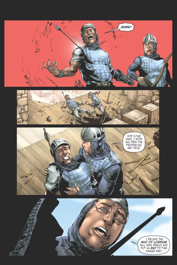 Comic panel showing a soldier struck by an arrow, his comrade rushing to his side as they discuss the hope and prophecy of the Maid of Lorraine, foreshadowing Joan of Arc's arrival to save France.