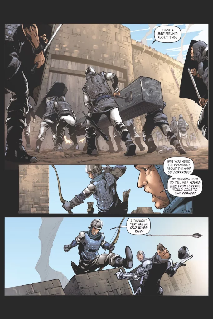 Comic panel showing French soldiers preparing for battle outside a castle gate, discussing the prophecy of the Maid of Lorraine—a young girl destined to save France, hinting at the arrival of Joan of Arc.