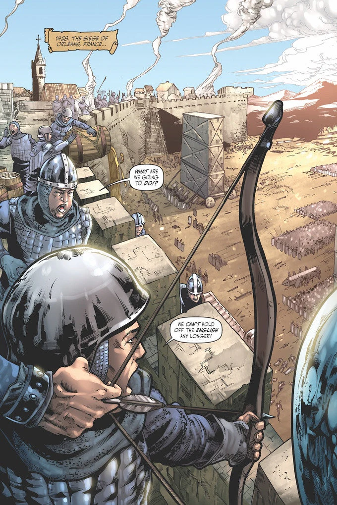 Comic panel depicting the 1428 Siege of Orléans, France, with soldiers on a castle wall anxiously preparing to defend against the English forces, showcasing the intensity and historical context of Joan of Arc's story.
