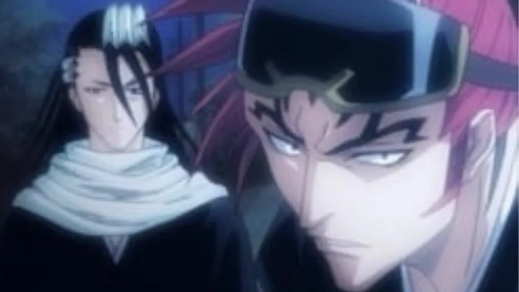 Renji Abarai from Bleach with his eyebrows covered with googles.