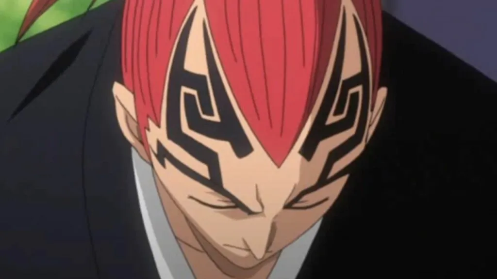 Renji Abarai from Bleach bowing his head showing off his eyebrwos.