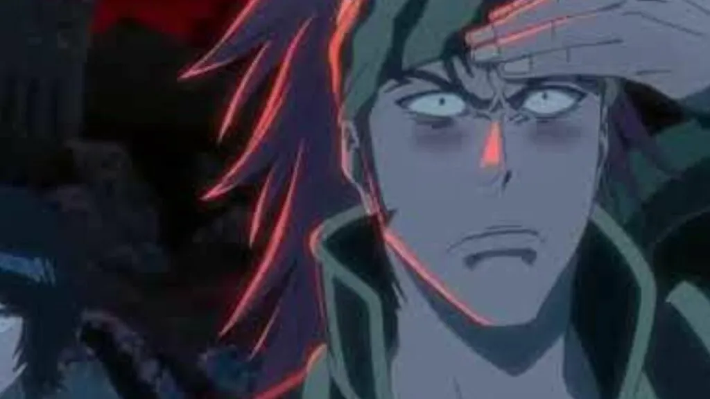 Renji Abarai from Bleach blushing because he had his eyebrows complimented. 