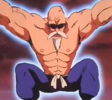 Master Roshi flexing his muscles and showcasing his iconic transformation, complete with his legendary sunglasses and intense aura!