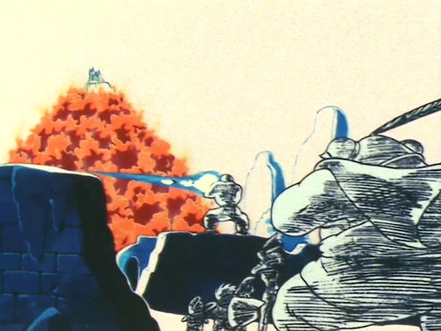 Master Roshi unleashing his Kamehameha to extinguish the blazing Fire Mountain, as onlookers are frozen in awe of the sheer power of his technique!