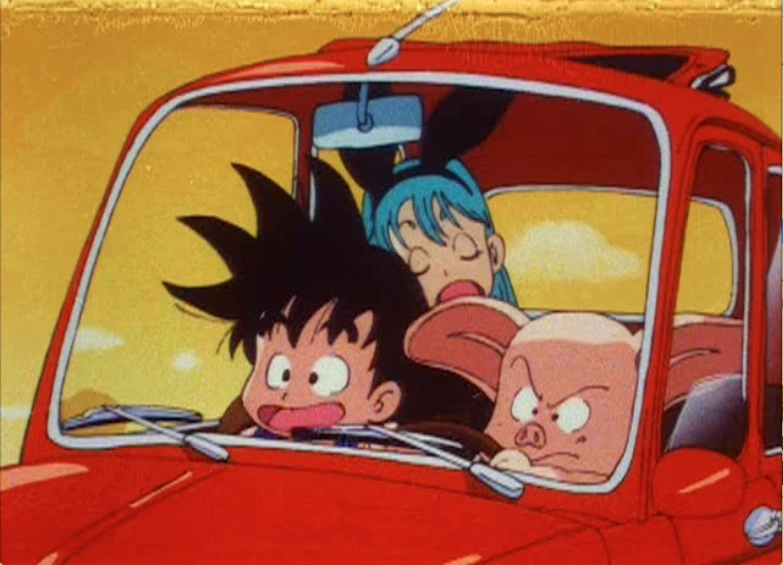 A vibrant scene from the classic Dragon Ball anime. Goku, with his spiky black hair and a wide, cheerful grin, is sitting in the front passenger seat of a small red car. Bulma, with her blue hair and bunny ear headband, is dozing off in the back seat, her mouth slightly open. Oolong, the pig character, is driving with a grumpy and focused expression. The background features a bright, sunny sky, capturing the adventurous and lighthearted tone of the series.