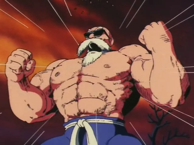 "Master Roshi powers up with his iconic Max Power transformation, proving that the old turtle hermit is still a force to be reckoned with!