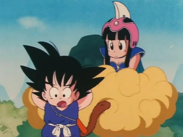 Chi-Chi hops onto the Flying Nimbus with Goku, marking the start of a friendship that's equal parts adventure and surprise!