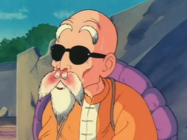 Master Roshi looking flustered and blushing, proving even the Turtle Hermit has his shy moments amidst the chaos!