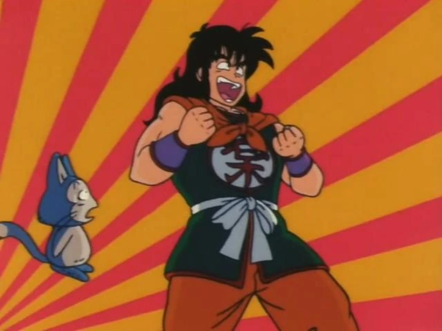 A triumphant and comedic scene from Dragon Ball featuring Yamcha and Puar. Yamcha stands confidently with fists clenched, laughing victoriously, wearing his signature black and orange outfit with a kanji symbol on his chest. His long black hair flows as he strikes a proud pose. Puar, his small blue cat-like companion, floats nearby, looking surprised or shocked. The vibrant background features bold red and yellow sunburst rays, emphasizing Yamcha’s over-the-top confidence and the humor of the moment. A classic example of Dragon Ball's playful energy.