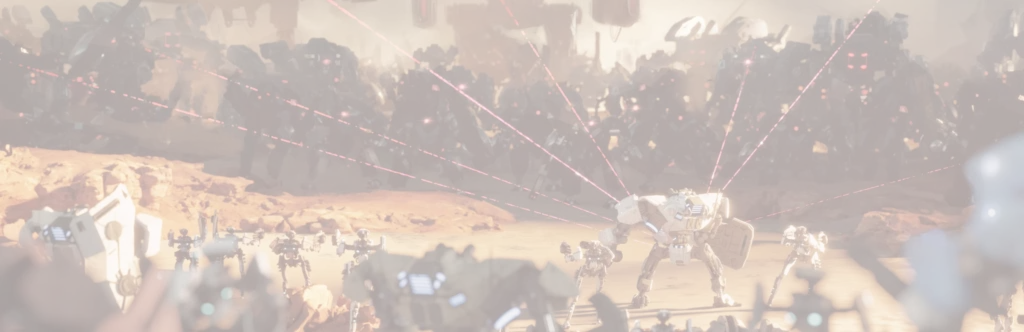 A dramatic futuristic battlefield scene featuring an army of robots and mechs facing off against a massive force of dark, heavily armed machines. Red laser beams crisscross the dusty terrain as the opposing forces prepare for combat under a hazy, war-torn sky.