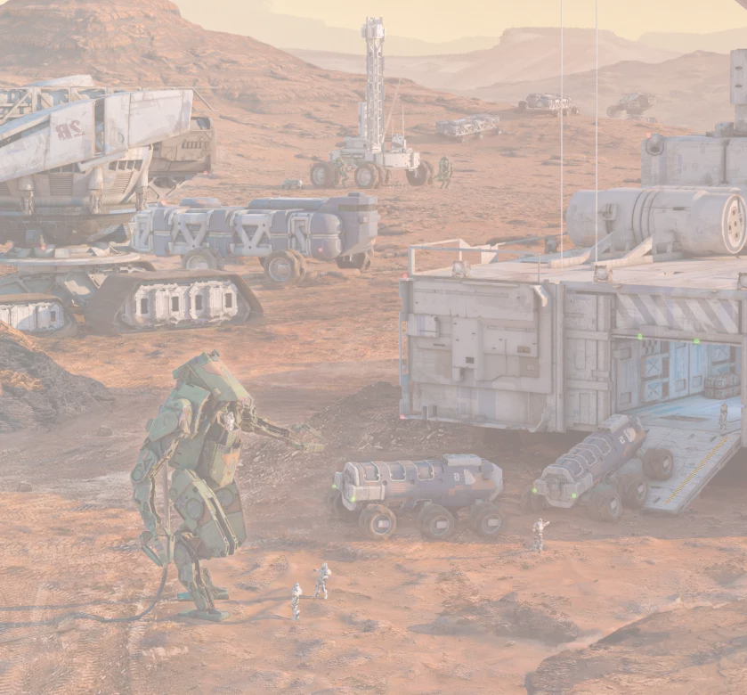A futuristic Mars-like colony featuring advanced machinery and robotics. The scene includes large industrial vehicles, a towering green mech, and modular structures with humans in spacesuits working on the red, rocky terrain under a warm, hazy sky.