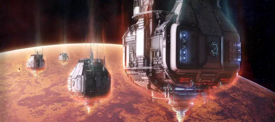 A futuristic image of several large, industrial-style space stations orbiting a red planet. The structures have glowing lights and high-tech details, with a dark, cosmic backdrop highlighting the vastness of space.