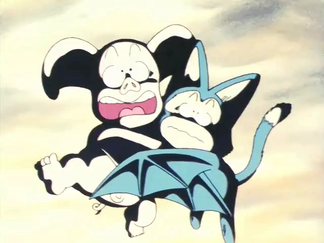 Oolong and Puar, shapeshifted into a bat and a winged creature, fly through the sky with comical and slightly panicked expressions against a cloudy background.