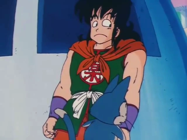 Yamcha stands with a surprised expression, wearing his green tunic with a red emblem and orange scarf, while Puar, his blue shapeshifting companion, looks up at him. The background features a blue and white structure.