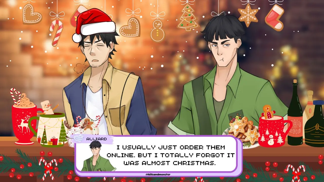 Illustration of Drake and Alliard at a festively decorated bar, with hanging holiday cookies and mugs of cocoa. Drake wears a Santa hat and looks unimpressed, while Alliard explains his situation. The dialogue box reads, 'I usually just order them online. But I totally forgot it was almost Christmas.'
