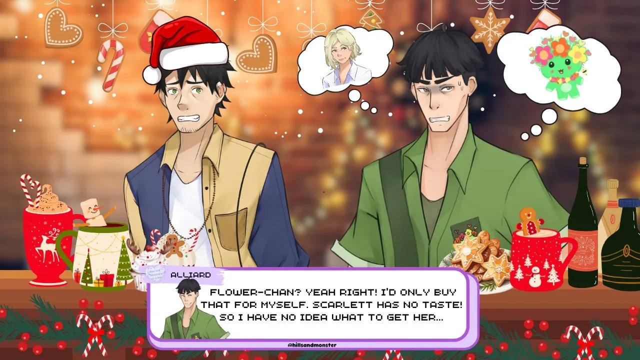 Illustration of Alliard and Drake at a festive bar surrounded by holiday decorations. Drake, wearing a Santa hat, looks amused, while Alliard appears stressed with sweat on his face. Thought bubbles show Scarlett in Drake’s and a flower-themed item in Alliard’s. The dialogue box reads, 'Flower-chan? Yeah right! I’d only buy that for myself. Scarlett has no taste! So I have no idea what to get her...'