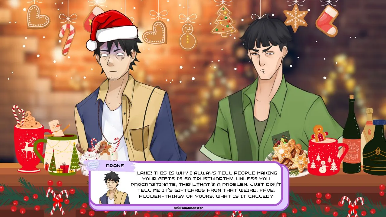 Illustration of Drake and Alliard in a festive bar with holiday treats and decorations. Drake, wearing a Santa hat, looks exasperated, gesturing as he speaks, while Alliard looks unimpressed. The dialogue box reads, 'Lame! This is why I always tell people making your gifts is so trustworthy. Unless you procrastinate, then...that’s a problem. Just don’t tell me it’s gift cards from that weird, fave, flower-thingy of yours, what is it called?'