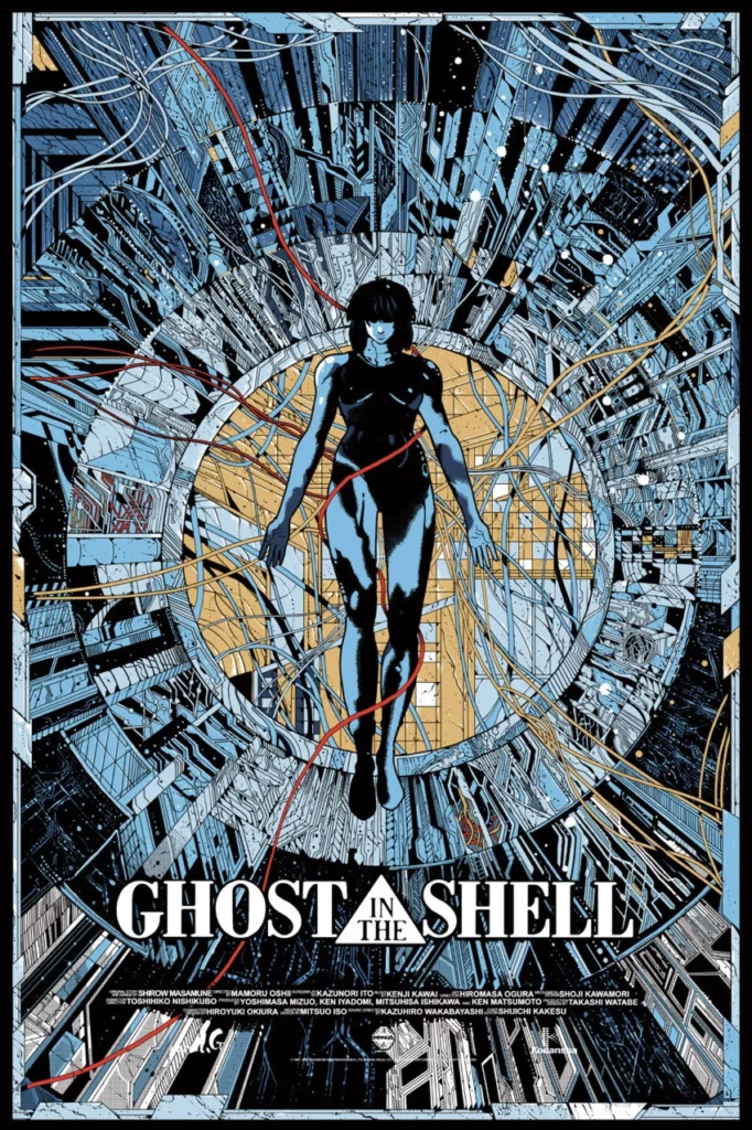 Intricate poster for 'Ghost in the Shell,' showcasing Major Motoko Kusanagi floating in a cybernetic network with wires and data patterns radiating outward, symbolizing the fusion of humanity and technology.