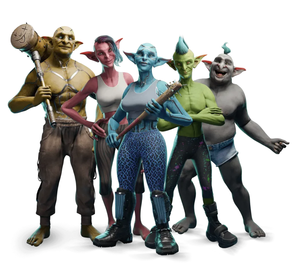 A group of five colorful Goblin characters stand confidently, showcasing unique designs and quirky details. Each has distinct features and outfits, hinting at their roles in the chaotic auto-battler Grumble from the Gods & Goblins collection.