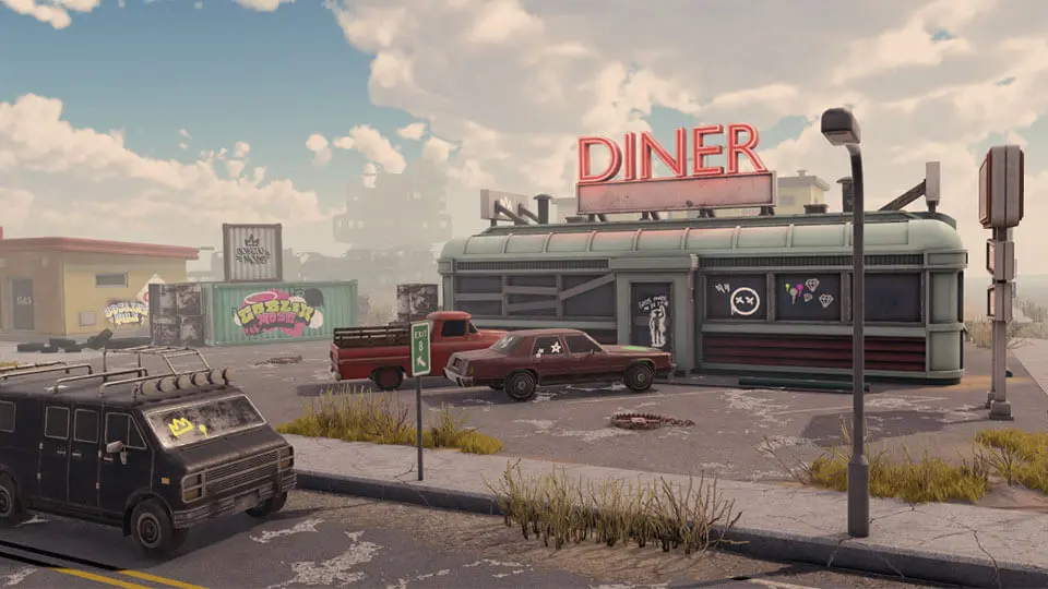 An abandoned diner surrounded by rugged, cracked pavement and overgrown grass sets the scene in this post-apocalyptic world. The faded neon DINER sign looms over the rusted vehicles parked nearby, their windows tagged with graffiti crowns. In the distance, colorful goblin-themed murals and weathered buildings hint at a chaotic goblin uprising. The moody sky and gritty details create the perfect atmosphere for Grumble's unpredictable battles.