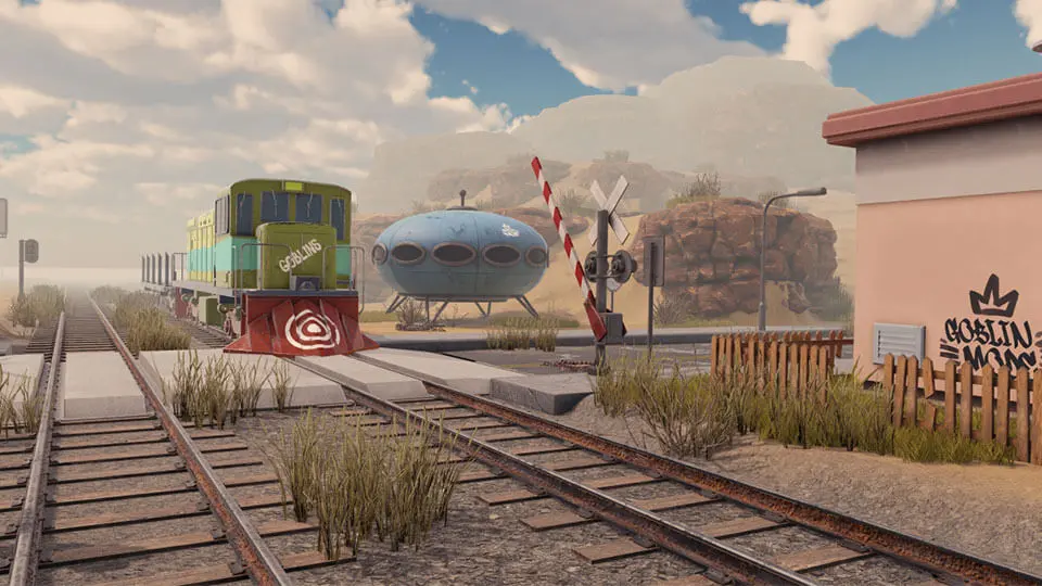 A stylized, desert-themed scene featuring train tracks, a green locomotive marked "Goblins," and a futuristic, UFO-like building in the background. Graffiti reading "GOBLIN MOB" is seen on a nearby structure, adding to the playful, gritty atmosphere of the Grumble universe.