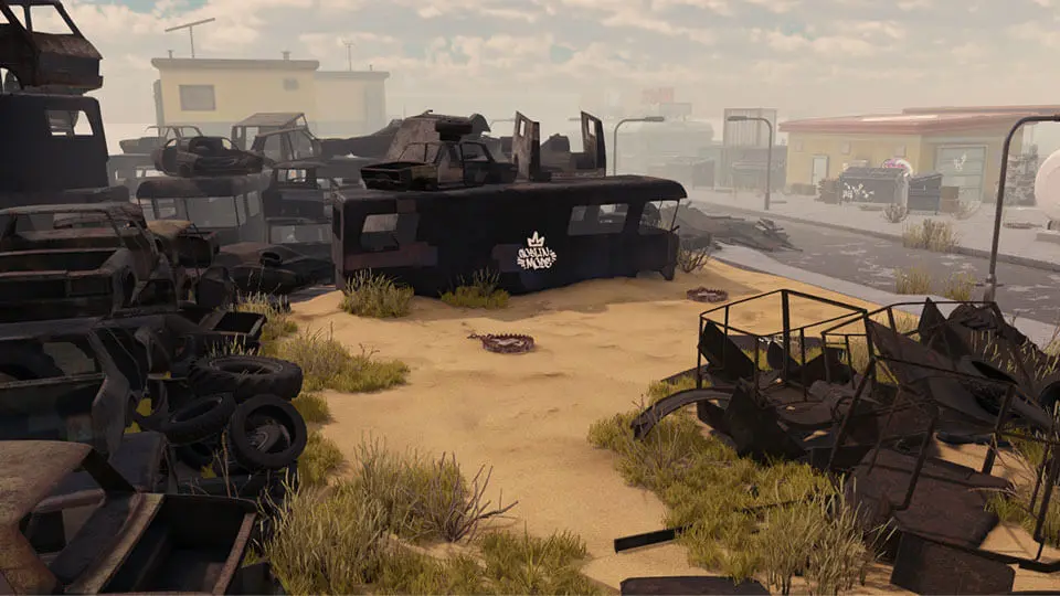 A gritty junkyard scene filled with heaps of wrecked vehicles, scattered tires, and overgrown grass patches. At the center, a black, graffiti-tagged vehicle reads “Goblin Mob,” adding to the post-apocalyptic vibe. The hazy sky and rundown surroundings give the area a desolate yet chaotic energy, perfectly fitting the Grumble universe's rugged aesthetic.