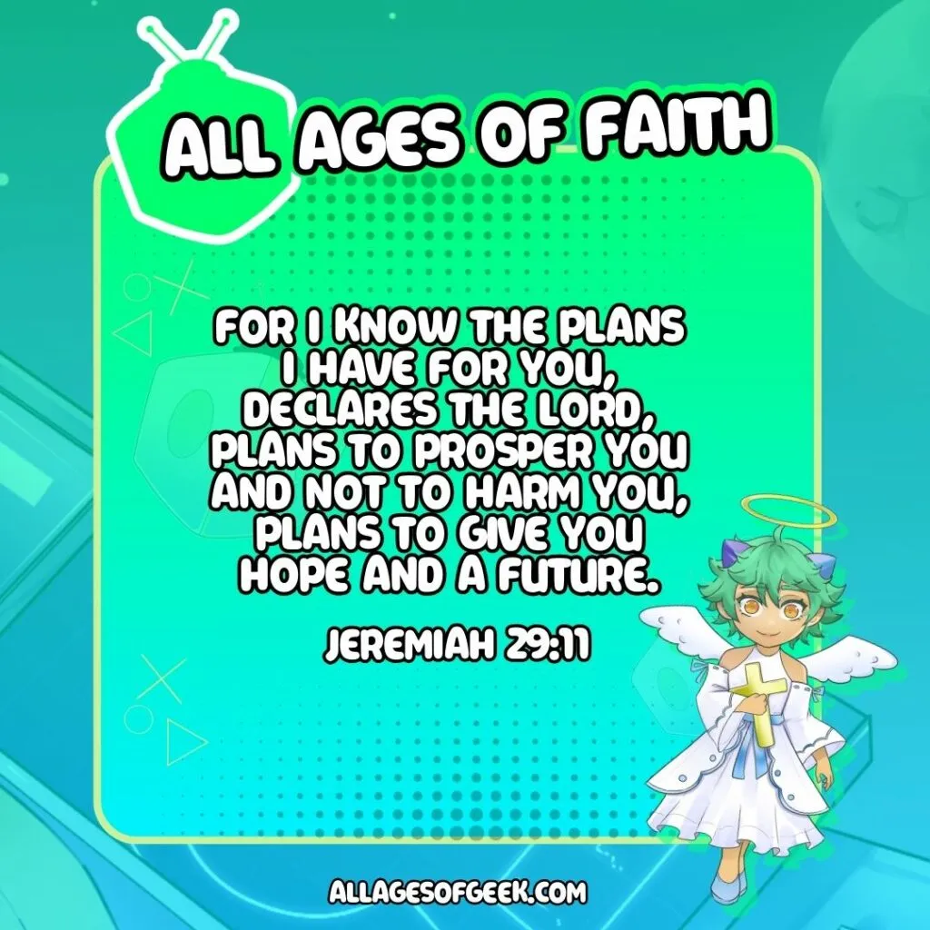 All Ages of Faith graphic featuring Kasai dressed as an angel holding a cross, set against a soft green and blue background. The text reads, 'For I know the plans I have for you, declares the Lord, plans to prosper you and not to harm you, plans to give you hope and a future. Jeremiah 29:11.' The All Ages of Geek logo is displayed at the top.