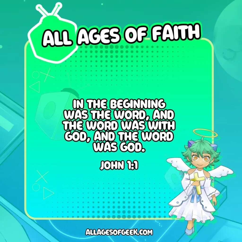 All Ages of Faith graphic featuring Kasai dressed as an angel holding a cross, with a soft green and blue background. The text reads, 'In the beginning was the Word, and the Word was with God, and the Word was God. John 1:1.' The All Ages of Geek logo is displayed at the top.