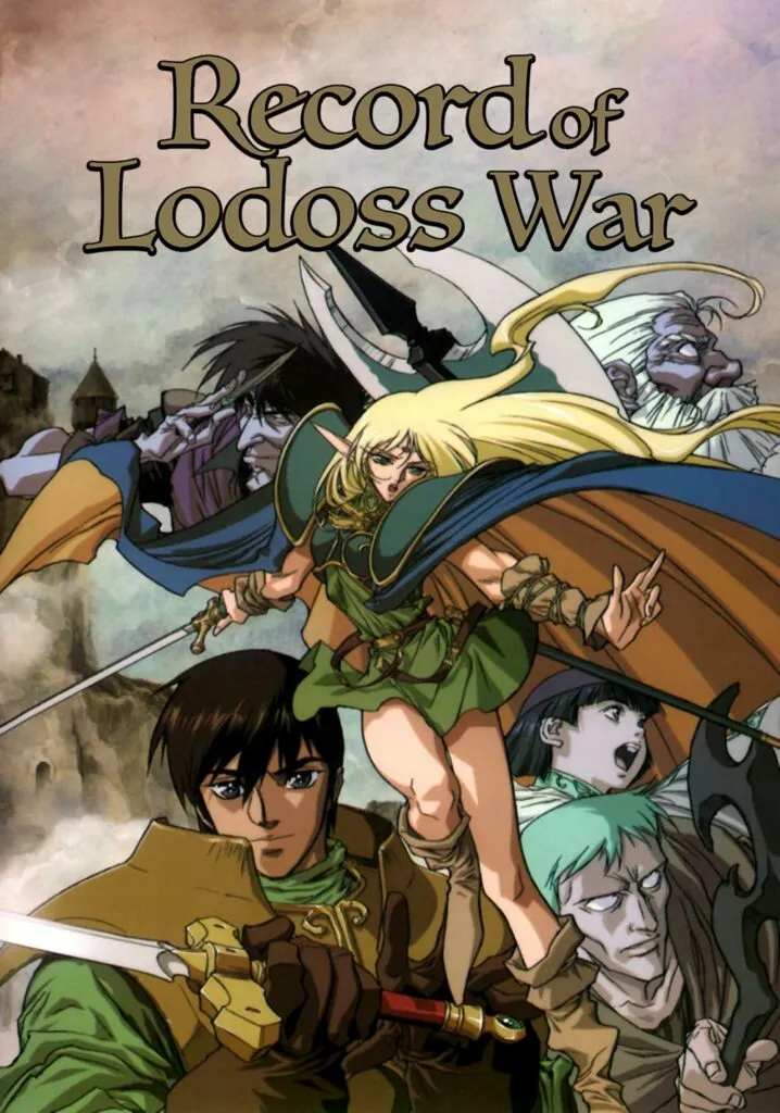 Promotional artwork for the anime 'Record of Lodoss War' featuring a group of characters including a blonde elf warrior, a swordsman, a wizard, and other fantasy figures, set against a mystical medieval backdrop.