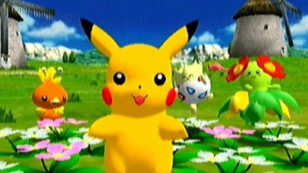 Pikachu, Torchic, Togepi, and Bellossom happily enjoying a sunny day in a colorful flower-filled field with windmills in the background from Pokémon Channel.