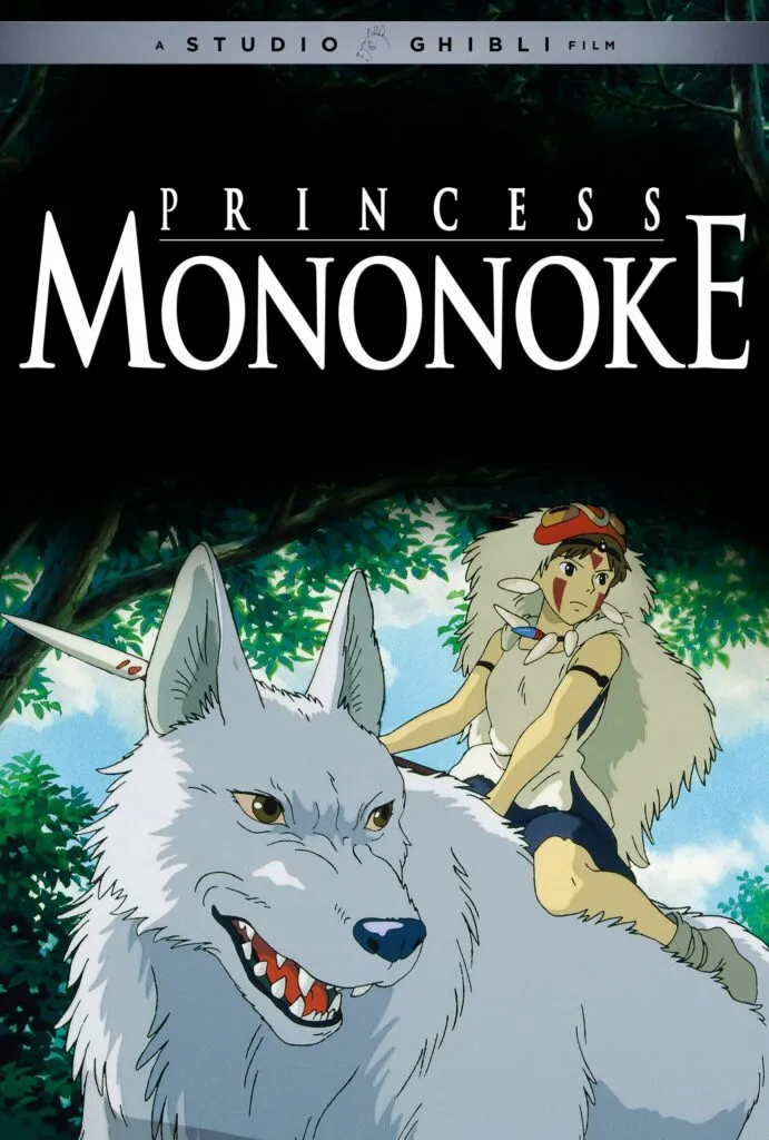 Princess Mononoke movie poster featuring San, a fierce young warrior, riding on the back of a large, white wolf in a lush forest background, embodying themes of nature and conflict.
