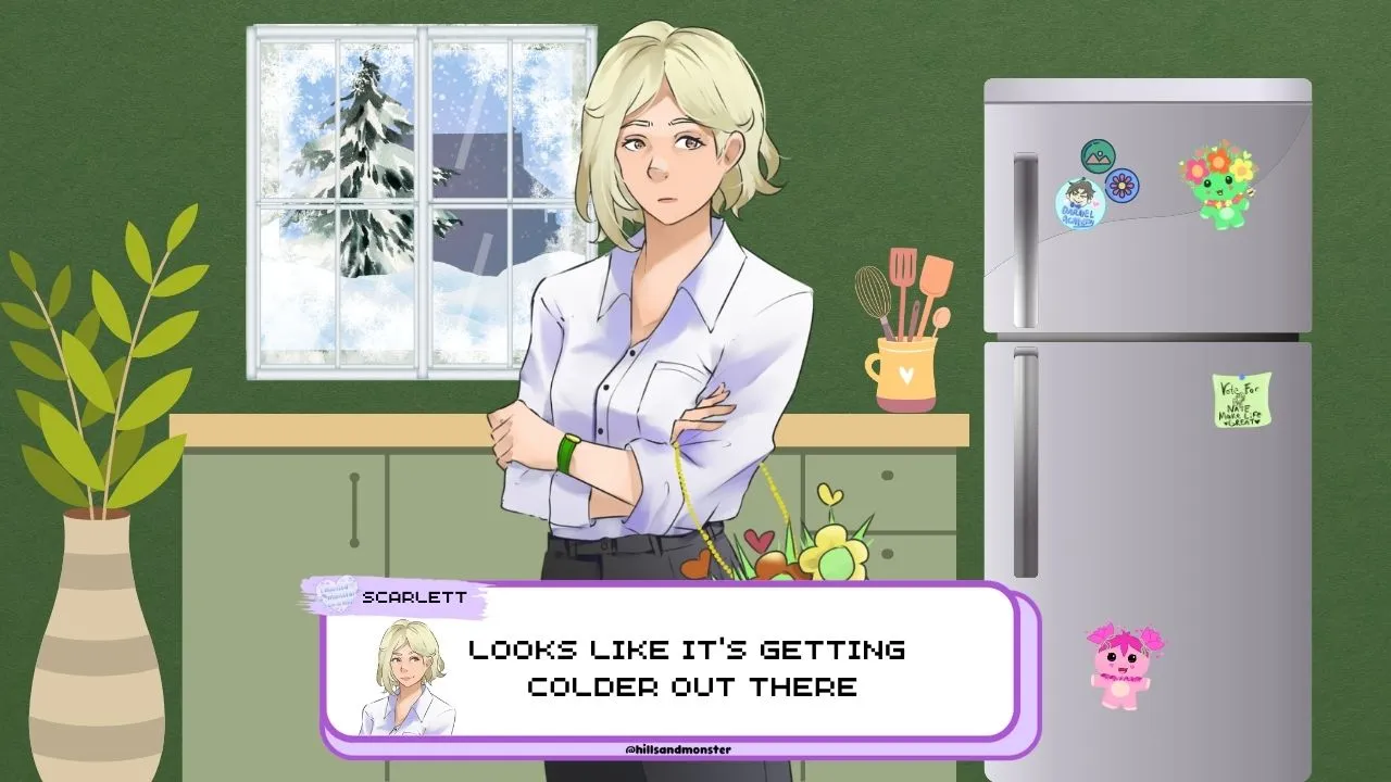 Illustration of Scarlett standing in a cozy kitchen with a snow-covered scene visible through the window, wearing a thoughtful expression. A dialogue box at the bottom reads, 'Looks like it's getting colder out there,' while a fridge adorned with colorful stickers adds a touch of charm to the room.