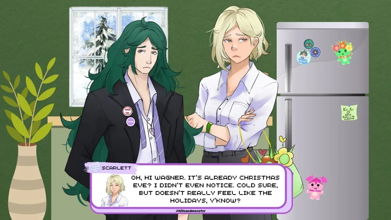 Illustration of Wagner and Scarlett standing in a cozy kitchen with snow visible outside the window. Wagner, wearing a suit with campaign buttons, looks concerned while Scarlett appears overwhelmed, indicated by swirly eyes. A dialogue box reads, 'Who are you talking to? You look down. Wait! Where are your Christmas decorations? It’s literally Christmas Eve.