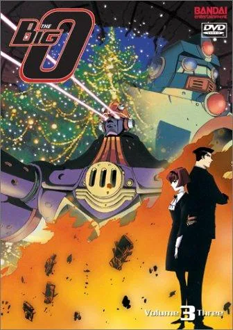 The Big O DVD cover showcasing the giant mecha Big O firing laser beams, with Roger Smith and R. Dorothy Wayneright standing in front amidst a cityscape and holiday-themed decorations.