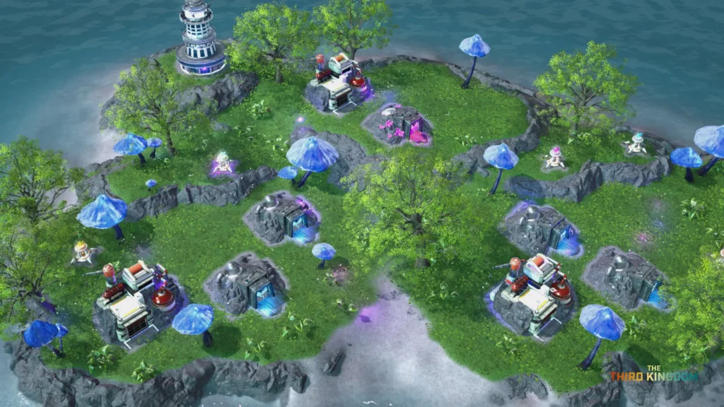 A grasslands with homes, machines and a factory surrounded by a sea.