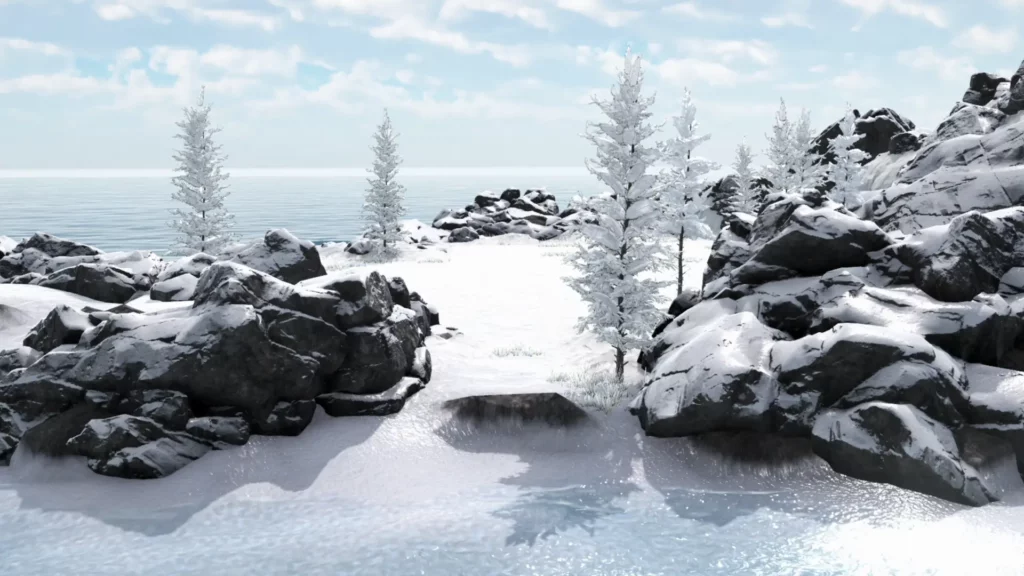 A white, snowy scene with rocks and snow covered trees from The Third Kingdom.
