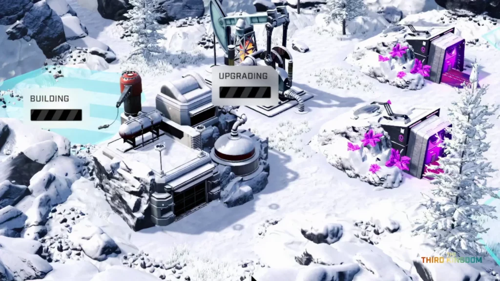 A snow covered ground with machinery, prisms and factories from The Third Kingdom.