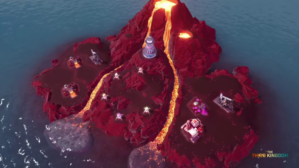 A lava covered volcano in the middle of the sea from The Third Kingdom.