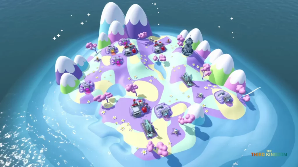A colorful, candy world with snow covered mountains surrounded by a sea from The Third Kingdom.