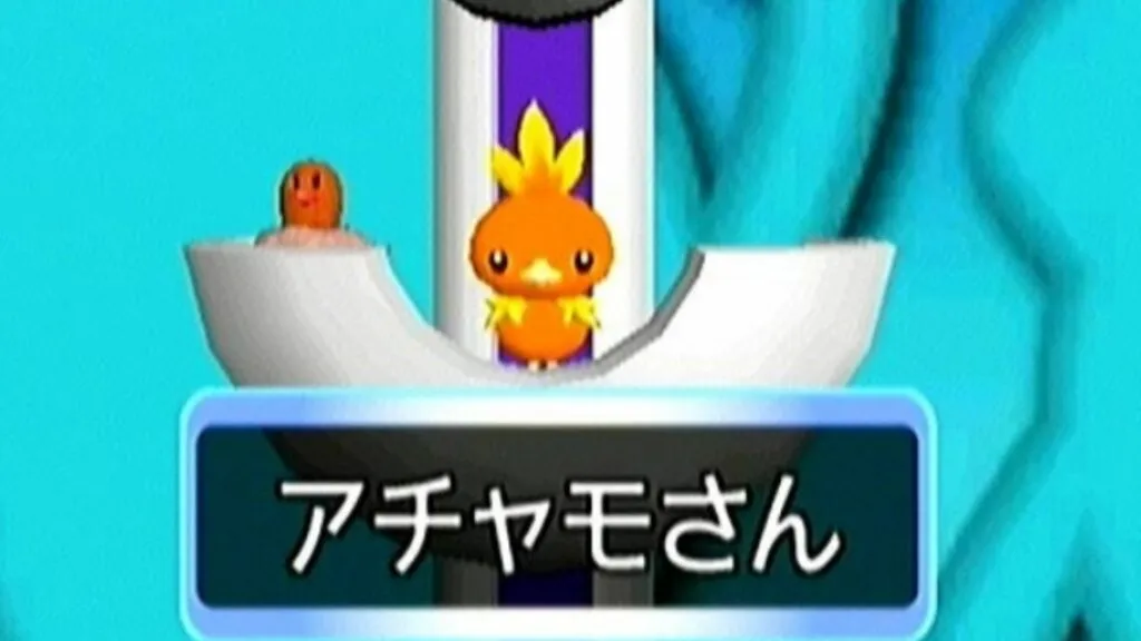 Torchic and Diglett featured in a scene from Pokémon Channel, showcasing a vibrant in-game moment with Japanese text.