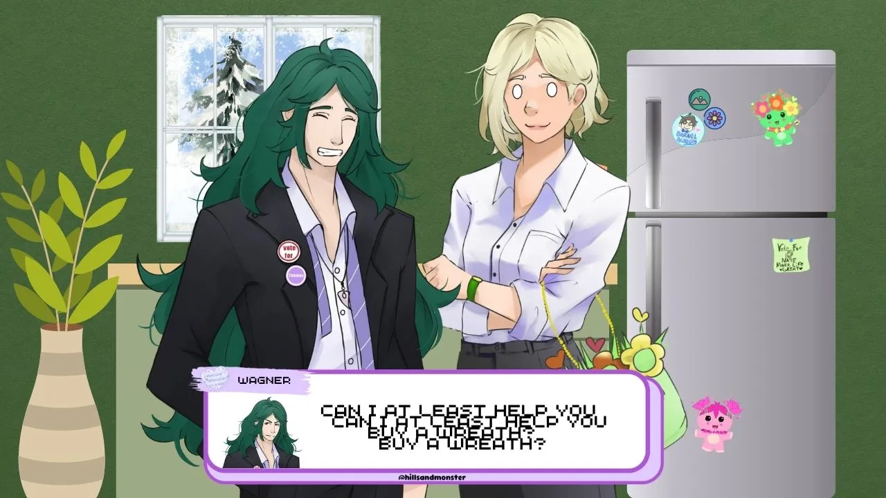 Illustration of Wagner and Scarlett in a cozy kitchen with snow visible outside the window. Wagner, smiling awkwardly, gestures as he offers help, while Scarlett looks surprised with wide eyes. A dialogue box reads, 'Can I at least help you buy a tree? A wreath?'
