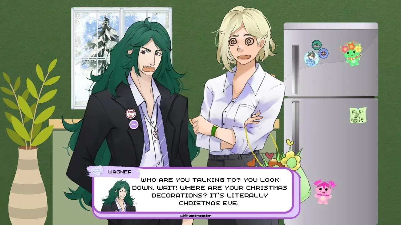 Illustration of Scarlett and Wagner standing in a cozy kitchen with snow visible through the window. Wagner looks concerned, wearing a suit with campaign buttons, while Scarlett, with a somber expression, leans against the counter. A dialogue box reads, 'Oh, hi Wagner. It’s already Christmas Eve? I didn’t even notice. Cold sure, but doesn’t really feel like the holidays, y’know?'