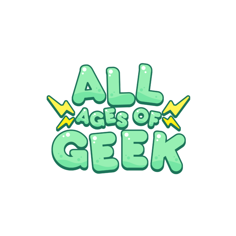 All Ages of Geek stacked logo in green bubble lettering with yellow lightning bolts