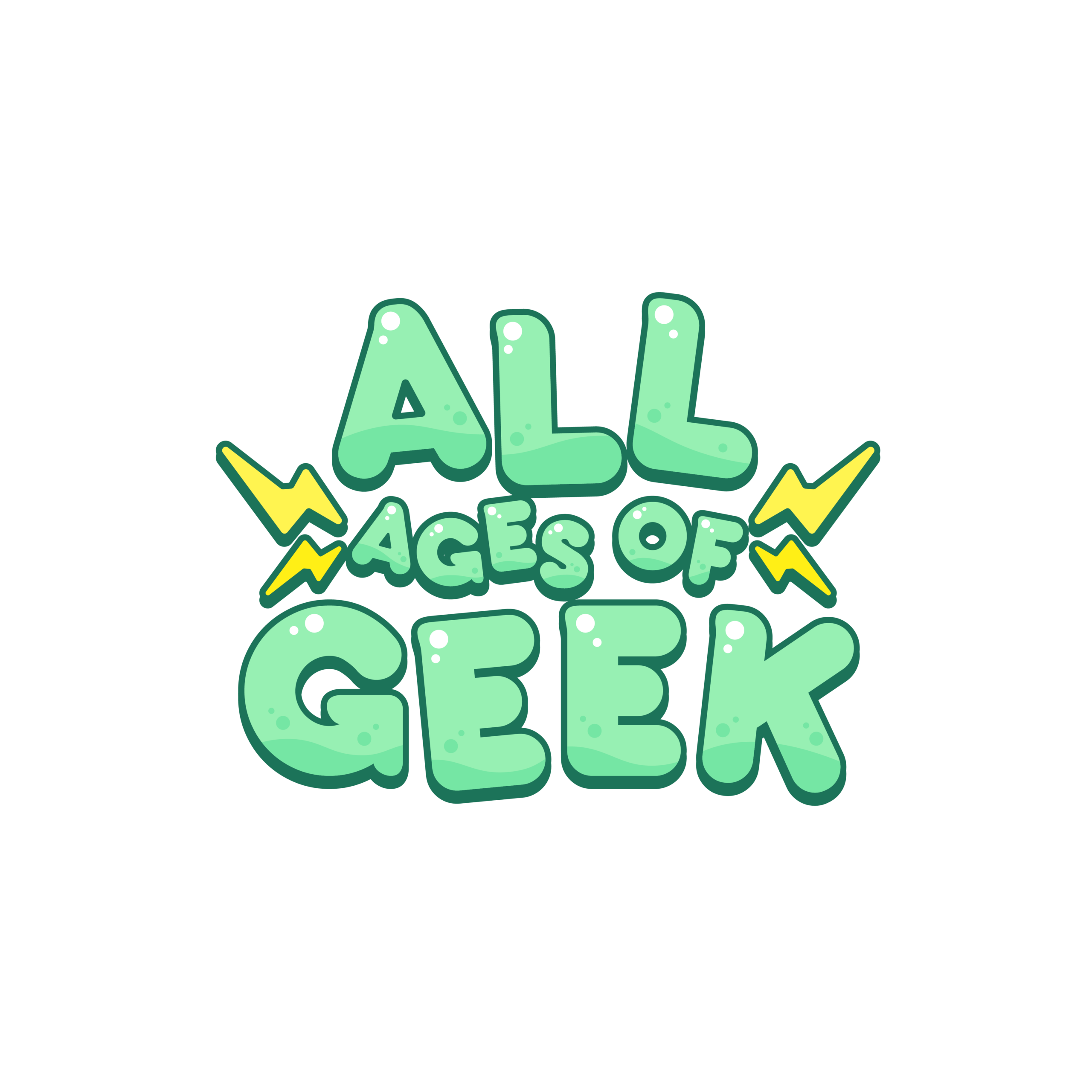 All Ages of Geek stacked logo in green bubble lettering with yellow lightning bolts