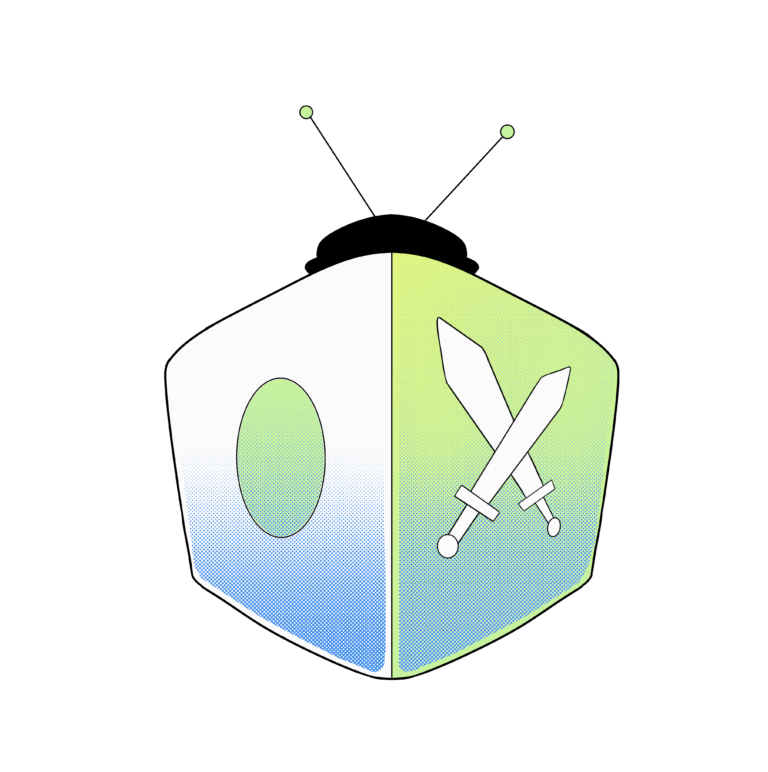 All Ages of Geek dice mark: a blue and green die bearing crossed swords, with two antennae