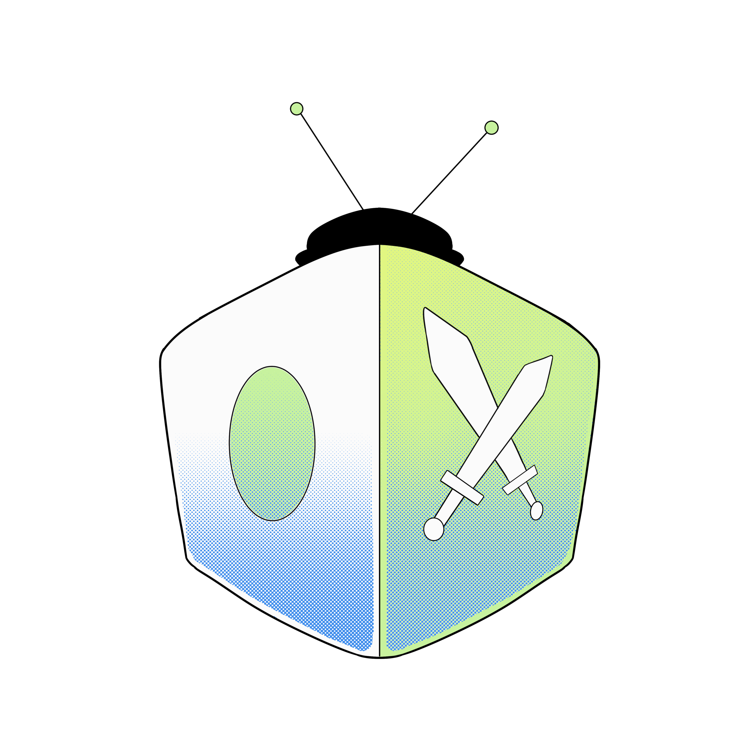 All Ages of Geek dice mark: a blue and green die bearing crossed swords, with two antennae